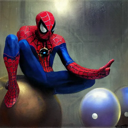 Prompt: portrait of an emotional spiderman sitting in a ball pit, by jeremy mann, peter elson.