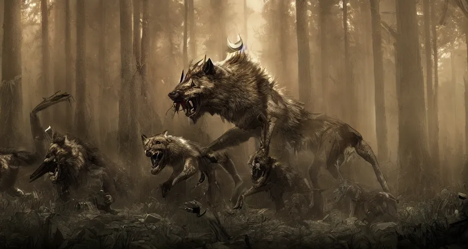 Image similar to an epic action concept masterpiece of a rabid wolfpack, in a forest made of nightmares, horrific digital art, extremely moody lighting, style of johannes voss