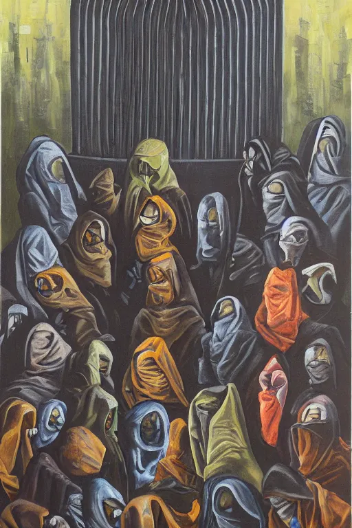 Image similar to hooded disciples in masks praying to an electric eye monument in a brutalist courtyard, lowbrow surrealism, oil on canvas