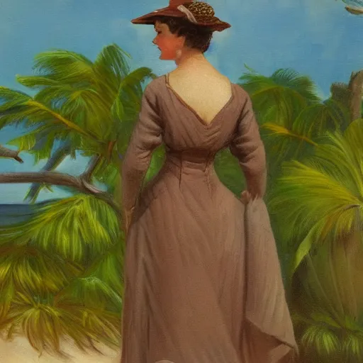 Image similar to brown rat at a tropical beach wearing edwardian style dress oil on canvas