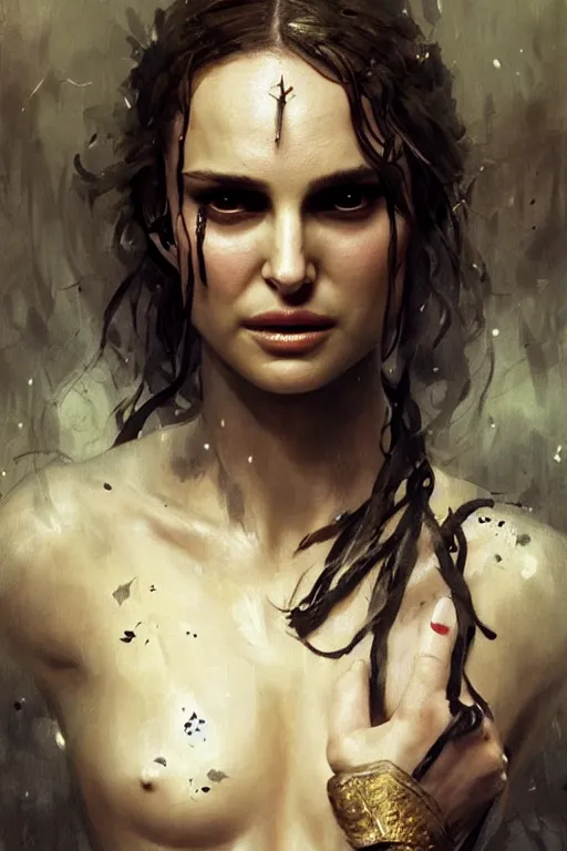 Image similar to natalie portman, warrior, lord of the rings, tattoos, decorated ornaments, by carl spitzweg, ismail inceoglu, vdragan bibin, hans thoma, greg rutkowski, alexandros pyromallis, perfect face, fine details, realistic shadeing