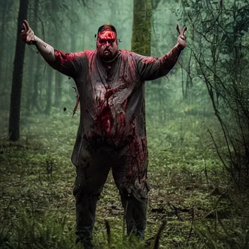 Prompt: big butcher man posing scarily, scary angry pose, covered in blood, fresh kill, cleaver, earie setting, in a forest, horror, hyperdetailed