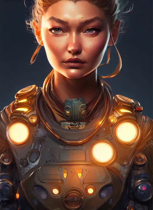 Image similar to portrait of apex legends gigi hadid, intricate, elegant, glowing lights, highly detailed, digital painting, artstation, glamor pose, concept art, smooth, sharp focus, illustration, art by artgerm and greg rutkowski, artey freytag