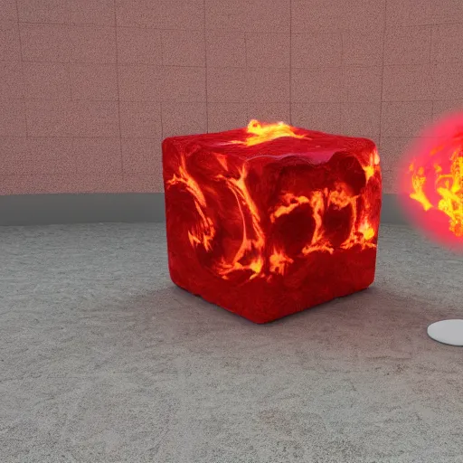 Prompt: fire spheres on a red cube