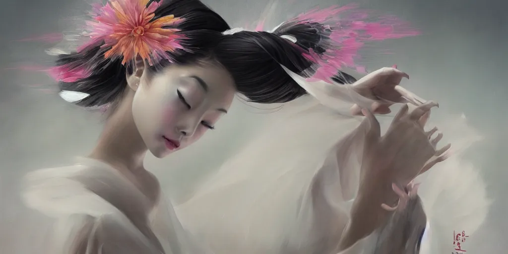 Image similar to Beautiful ethereal geisha prima ballerina dancing in the wind, volumetric lighting, elegant, fluid, highly detailed oil painting, digital painting, concept art, smooth, sharp focus, illustration, strong lines and bold colors, limited color palette, atmosphere and tension, Japanese,manga, trending on artstation