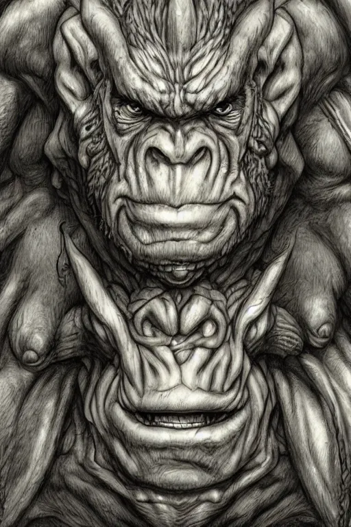 Image similar to humanoid hunched figure troll with 1 horn, ogre, ape, highly detailed, digital art, sharp focus, trending on art station, kentaro miura manga art style