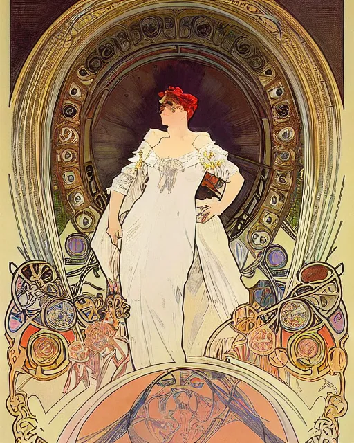 Prompt: painting alphonse mucha, the interior of an opera house, the audience in a dark hall, a singer in a white dress on a lighted stage with an orchestra, soft cinematic lighting, a palette of pastel colors