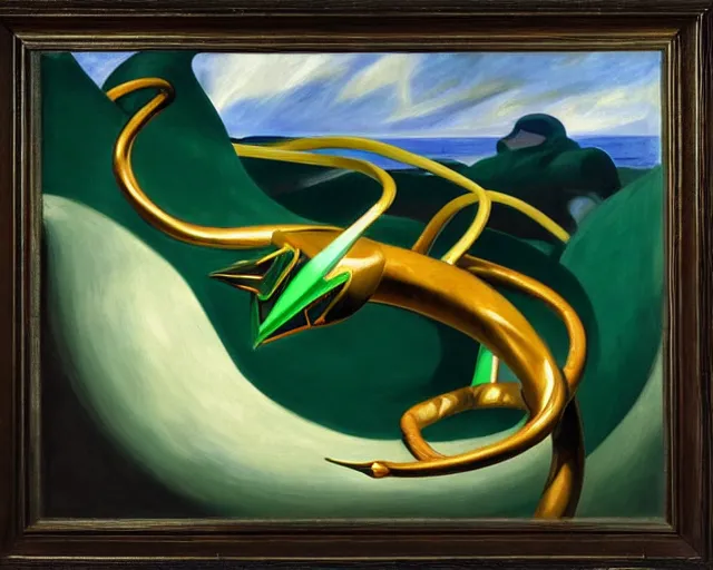 Image similar to painting of Rayquaza by John Singer Sargent, Magritte, Salvador Dali, Magritte, Salvador Dali, and John Singer Sargent