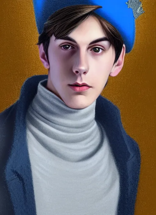 Image similar to portrait of teenage jughead jones wearing a light grey crown, crown, blue turtleneck, 1 9 5 0 s, closed eyes, photorealistic, black hair, glowing lighting, intricate, elegant, glowing lights, highly detailed, digital painting, artstation, concept art, smooth, sharp focus, illustration, art by wlop, mars ravelo and greg rutkowski