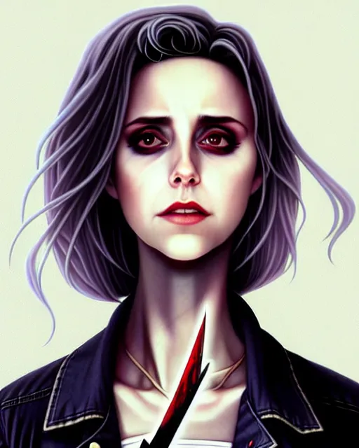 Image similar to loish, artgerm, Joshua Middleton art, Rafeal Albuquerque, pretty Alison Brie serial killer holding bloody knife in right hand realistic hand, blood on clothes and face, sarcastic smile, symmetrical eyes, symmetrical face, jean jacket, jeans, short blonde hair, middle shot, night time, deep blacks