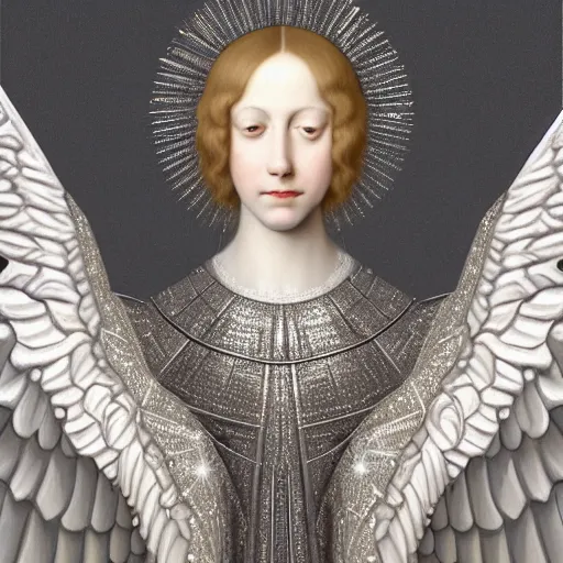 Image similar to highdetailed hyperrealistic painting of white angel!!! no gender smiling noface!!!, light instead of hands, white sparkles everywhere, 4 k hd face!!!, big silver high detailed wings!!!, renaissance, by jan van eyck, holography space, glow effect, large strokes, monochrome!!!!!