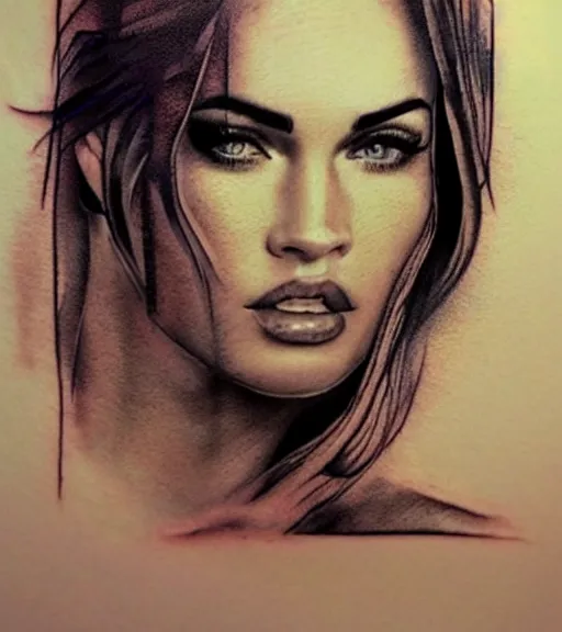 Image similar to realistic tattoo sketch of a megan fox face double exposure mountain scenery, in the style of matteo pasqualin, amazing detail, sharp, faded