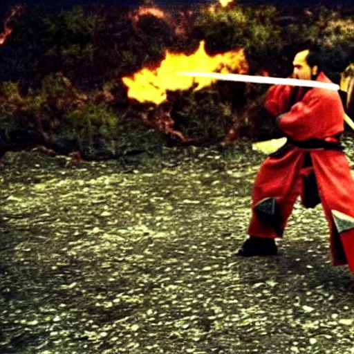 Prompt: a samurai fighting with delicious hot dogs, scene from Kagemusha, 1980, movie still, cinematic, epic,