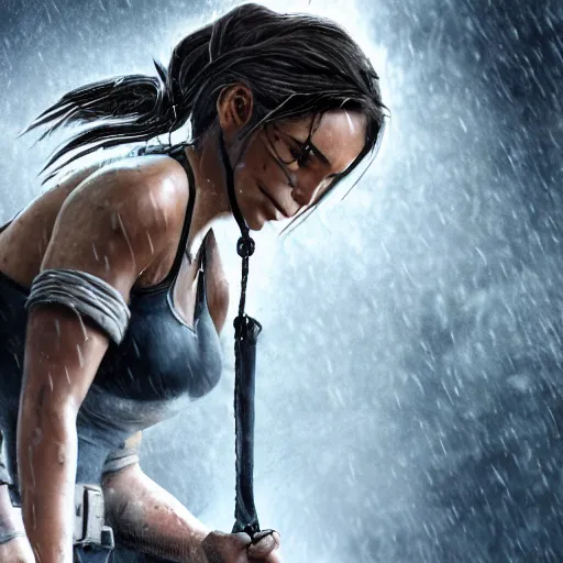 Image similar to Lara croft as blacksmith, wet face , heavy rain ,dramatic, intricate, highly detailed, concept art, smooth, sharp focus, illustration, Unreal Engine 5, 8K