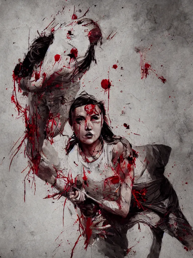 Image similar to young adult woman playing tennis, cyberpunk, painful, cardboard, blood stains on shirt, blood on tennis court, bleeding audience, illustration, traditional drawing style, dramatic mood, textured canvas, highly detailed, fine art, melancholic art, oil pastels, 8 k render octane high definition cgsociety