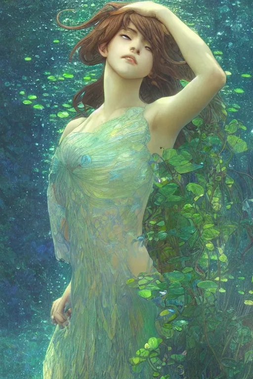 Image similar to a beautiful render of a beautiful female water sprite, water spray,, a beautiful face, perfectly shaded, atmospheric lighting, style of makoto shinkai, raphael lacoste, louis comfort tiffany, artgerm, karol bak, james jean, alphonse maria mucha