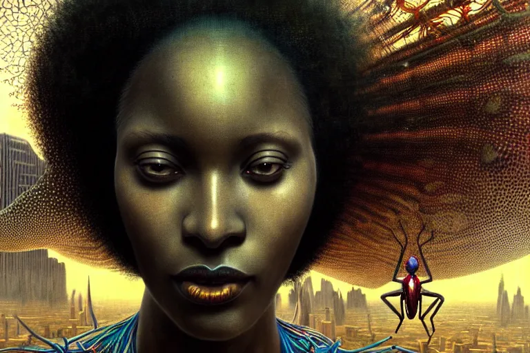 Image similar to realistic detailed closeup portrait movie shot of a beautiful black woman riding a giant spider, dystopian city landscape background by denis villeneuve, amano, yves tanguy, alphonse mucha, max ernst, ernst haeckel, edward robert hughes, roger dean, cyber necklace, rich moody colours, sci fi patterns, wide angle