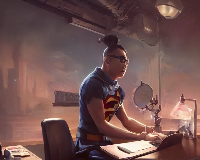 Prompt: an insanely detailed painting of a nerdy asian man wearing a superhero costume, sitting at a desk, staring at the nervously at the computer and typing, in the style of peter mohrbacher, dramatic lighting and composition, surreal background, octane render, pixar, trending on artstation, concept art, comic book, view from behind