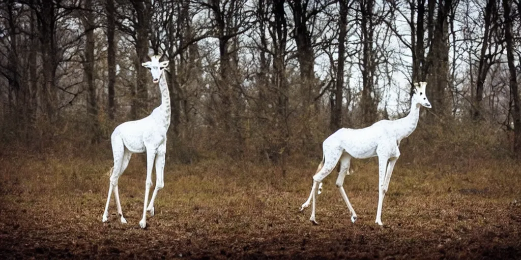 Image similar to a long maned spotless albino white giraffe elk walks alone thru an enchanted forest, majestic!!! beautiful!!!, ethereal!!!, loving, ultra realistic, winter, golden hour, volumetric lighting, sharp focus