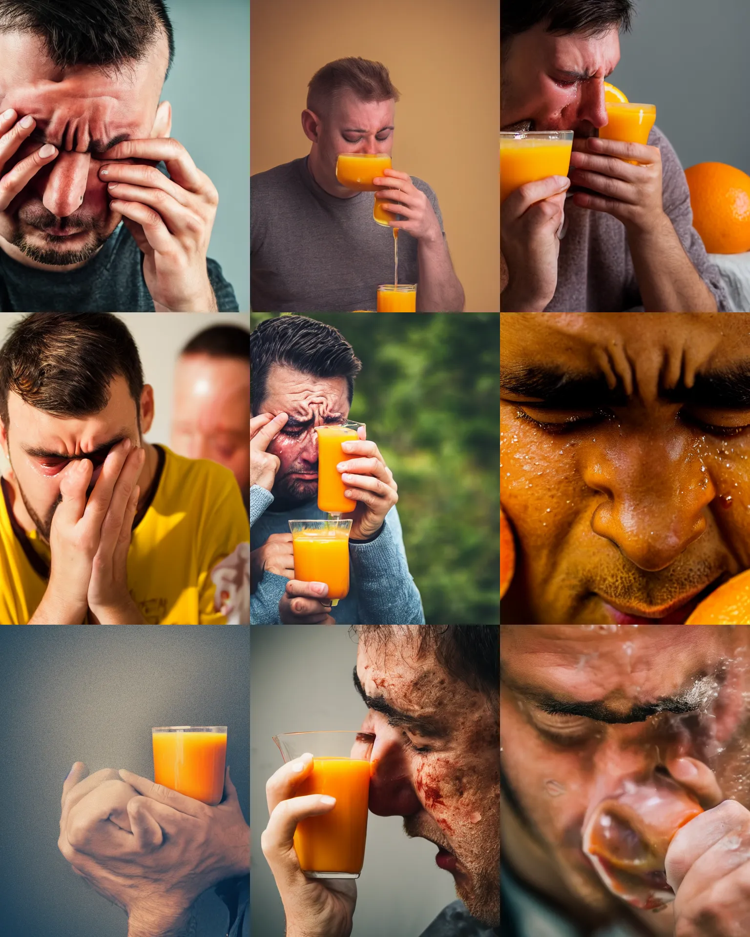 Prompt: sad man crying tears of orange juice, 4 k photography