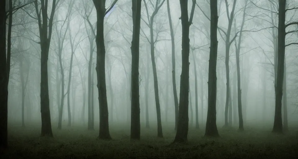 Image similar to a photograph of a creepy foggy forest