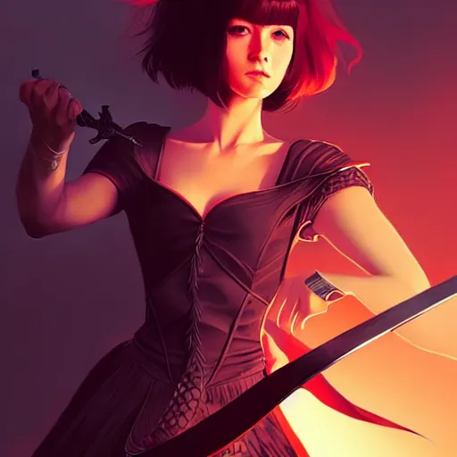 Image similar to a woman holding a sword with a dragon on it, concept art by Ilya Kuvshinov, contest winner, fantasy art, official art, concept art, high detail, experimental, high quality, hyperrealistic, 4k