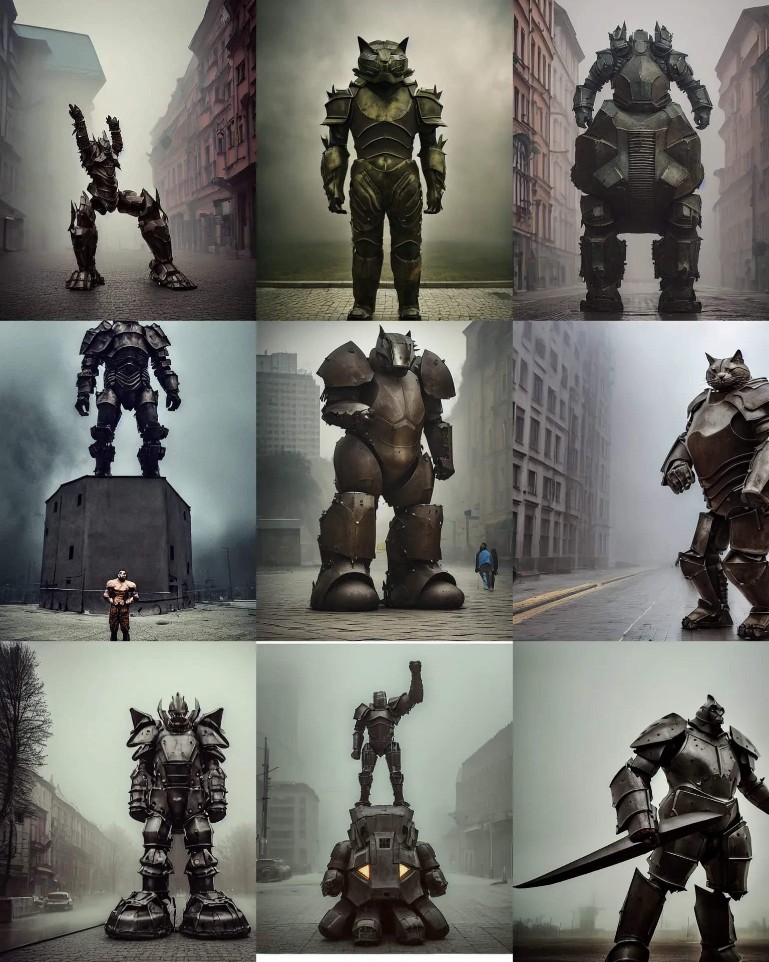 Prompt: epic pose!!! giant oversized battle armor hulded anthropomorphic cat rugged hulked, in legnica, full body, cinematic focus, polaroid photo, vintage, neutral dull colors, soft lights, foggy mist, by oleg oprisco, by thomas peschak, by discovery channel, by victor enrich, by gregory crewdson