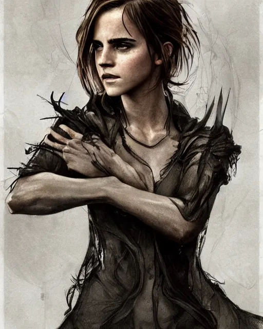 Image similar to clear portrait of emma watson, somber appearance, ripped clothing, looking her shoulder, wearing the one ring of sauron, background hyper detailed, character concept, full body, dynamic pose, intricate, elegant, highly detailed, digital painting, artstation, concept art, smooth, sharp focus, illustration, art by artgerm and greg rutkowski and alphonse mucha