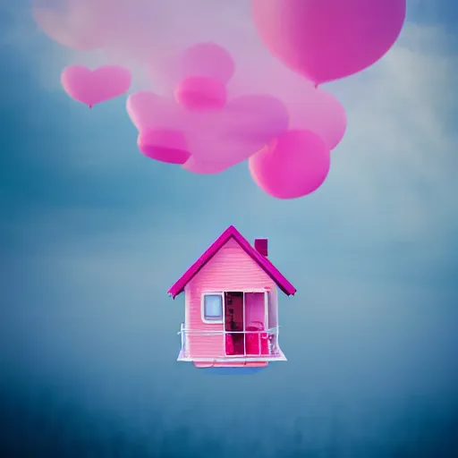 Image similar to dream a 5 0 mm lens photograph of a cute pink floating modern house, floating in the air between clouds, inspired by the movie up, held up from above by heart ballons. mist, playful composition canon, nikon, award winning, photo of the year