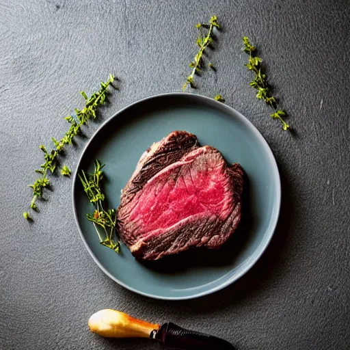 Prompt: promotional photo steak on plate left of shot butchers block and slate background, thyme herbs on table