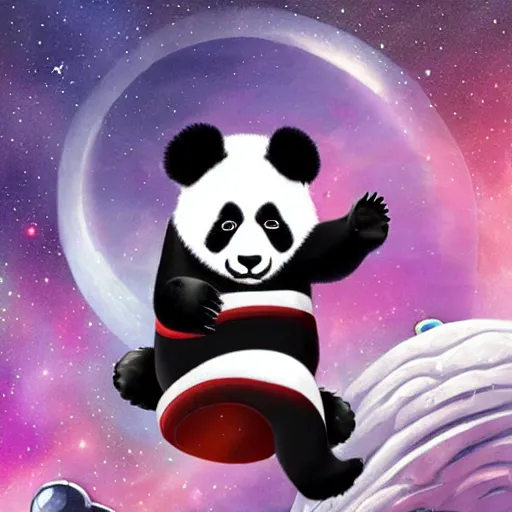 Prompt: A panda in space, with a space suit on, dark fantasy style
