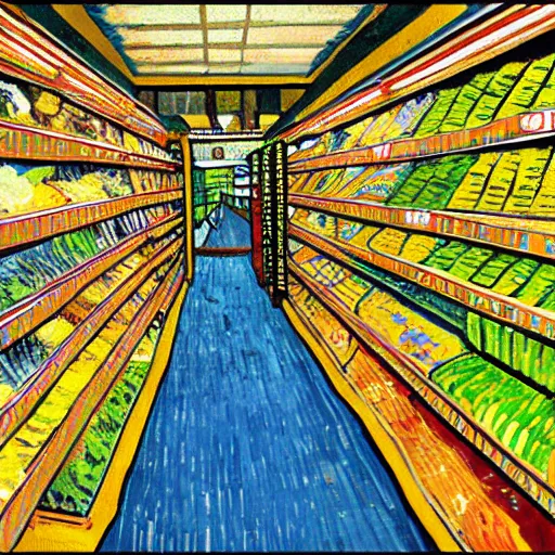 Image similar to supermarket aisle in the style of van gogh
