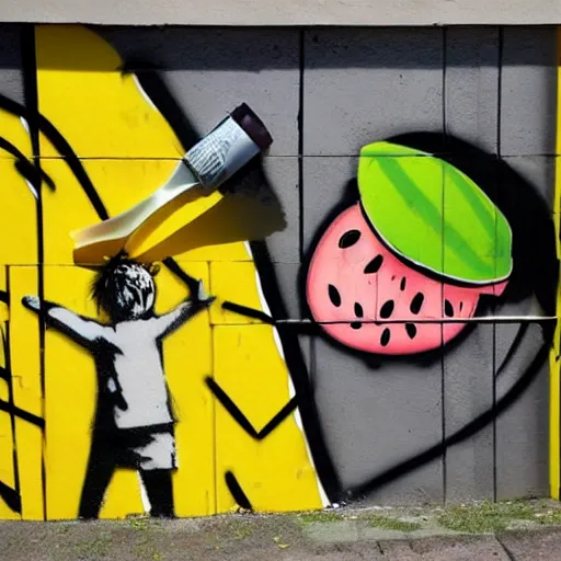 Prompt: noa kirel eats a watermelon, graffiti, photograph, made by banksy, yellow and brown colors, spray brush, midday, sunny, professional