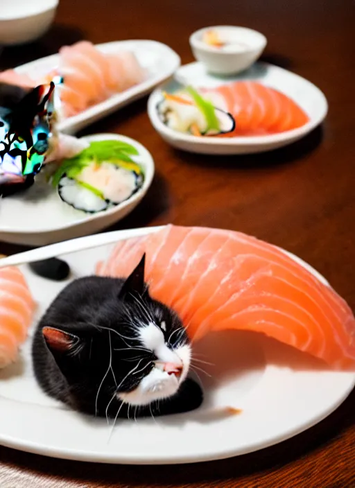 Image similar to clear photograph of cute cats stealing sushi from sushi plates