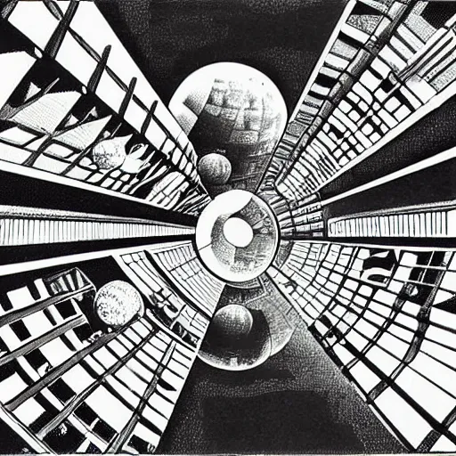 Prompt: MC Escher print of space station