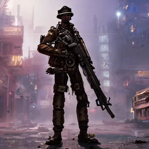 Image similar to detailed steampunk soldier with carrying a steampunk-cyberpunk energy rifle in his arms, standing in front of a dilapidated advanced city with citizens walking, 4k, Unreal Engine, octane render