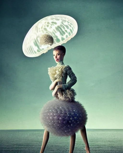 Image similar to a luminous jelly fish armor. soft. fragile. by ray caesar. by louise dahl - wolfe. by andrea kowch. by anna claren. surreal photography