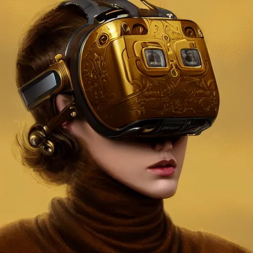 Image similar to mechanical gold vr headset, intricate, elegant, highly detailed, lifelike, digital painting, artstation, illustration, smooth, sharp focus, art by scott davidson, albert aublet, krenz cushart, artem demura, mucha