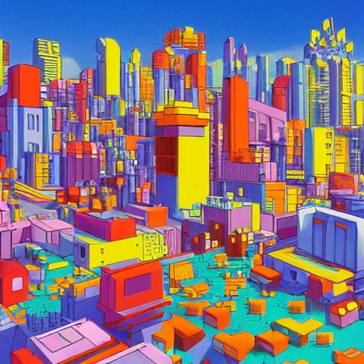 Image similar to futuristic city on a mountainside, red - yellow - blue buildings, city, q - bert blocks, colorful blocks on hillside, 3 d blocks, cel - shaded, raytracing, cel - shading, toon - shading, 2 0 0 1 anime, flcl, jet set radio future, drawn by artgerm