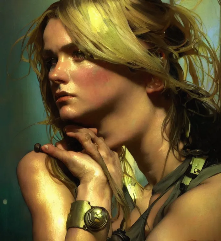 Prompt: hyperrealist portrait of lady terminator. by jeremy mann and alphonse mucha, seductive fantasy art, photo - realistic, dynamic lighting, artstation, poster, volumetric lighting, very detailed faces, 8 k, award - winning, golden hour
