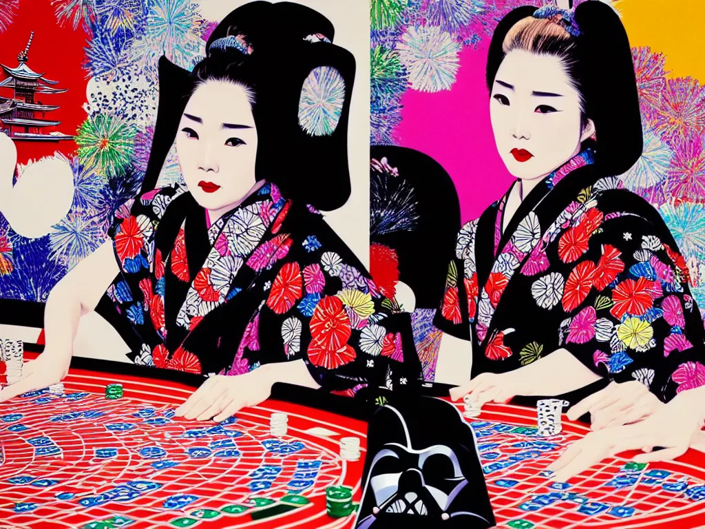 Image similar to hyperrealism composition of the detailed woman in a japanese kimono sitting at an extremely detailed poker table with darth vader, fireworks on the background, pop - art style, jacky tsai style, andy warhol style, acrylic on canvas