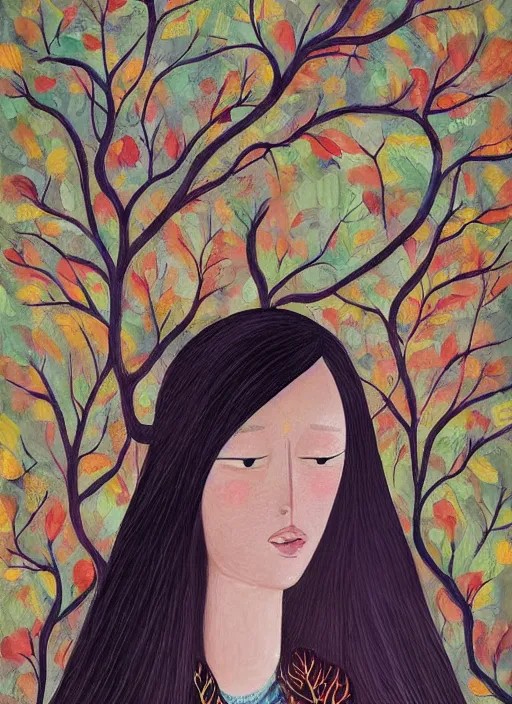 Image similar to a wonderful childrens illustration book portrait painting of a woman with serene emotion, art by tracie grimwood, forest, trees, many leaves, birds, whimsical, aesthetically pleasing and harmonious natural colors