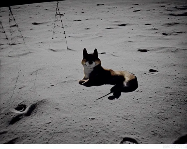 Prompt: old picture of the first shiba on the moon, astronaut suit, 9 0's photograph, black and white