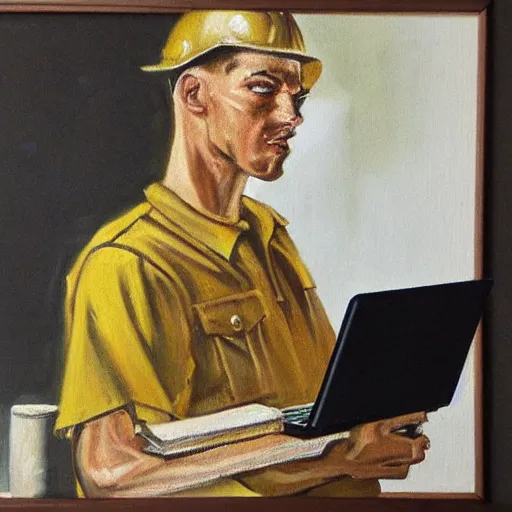 Image similar to 1 9 6 0's detailed intricate social realism painting of worker with laptop, heroic