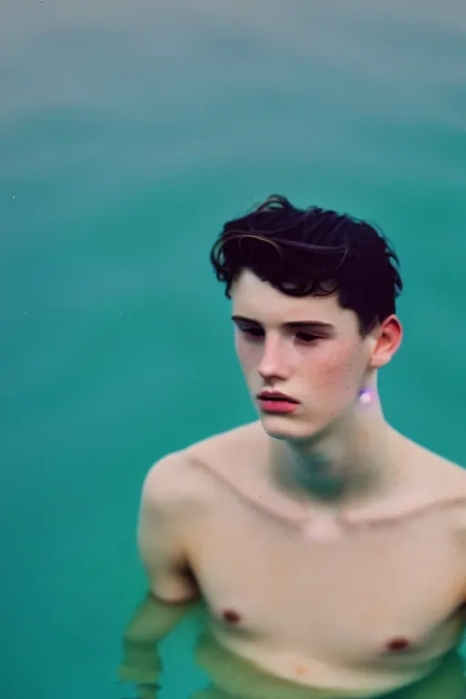 Image similar to high quality pastel coloured film mid angle docu photograph of a beautiful young 2 0 year old male, soft features, short black hair, swimming in an icelandic black rock pool environment. atmospheric. three point light. photographic. art directed. ( pastel colours ). volumetric light. clearcoat. waves glitch. 8 k. filmic.