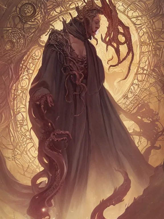 Image similar to summoner of cthulhu, d & d, thick robe, elder gods, fantasy, intricate, elegant, highly detailed, digital painting, artstation, concept art, wallpaper, smooth, sharp focus, illustration, art by artgerm and greg rutkowski and alphonse mucha