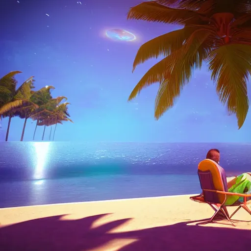Image similar to an astronaut sitting on a beach chair in a tropical resort, photorealistic, unreal engine, ray traced, environment, nebula, space, nasa