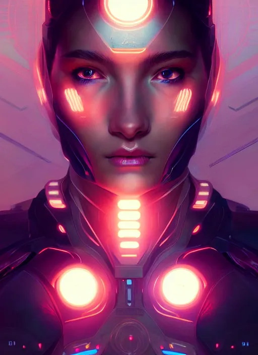 Image similar to symmetry portrait of a female future soldier, sci - fi, tech wear, glowing lights intricate, elegant, highly detailed, digital painting, artstation, concept art, smooth, sharp focus, illustration, art by artgerm and greg rutkowski and alphonse mucha