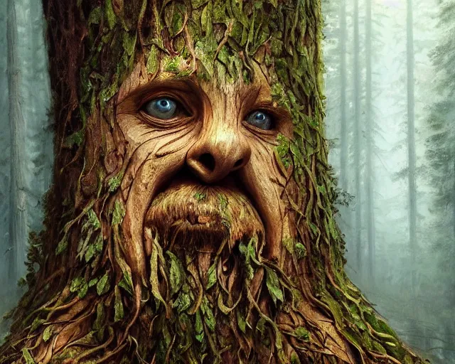 Prompt: a talking tree, a face in the bark, nose made of wood, eyes in the bark, fantasy concept art, big moustache, digital painting, oil painting, hyperrealistic, beautiful, treebeard, ent, magical, highly detailed, soft lighting, golden sunlight, very detailed eyes, artstation, cgsociety, in the forest, by alan lee, by artgerm