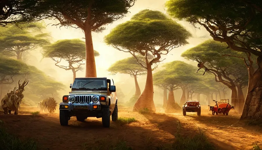 Prompt: mahindra thar driving through madagascar road with baobabs trees, drone view, animals running along, artgerm and greg rutkowski and alphonse mucha, an epic fantasy, volumetric light, detailed, establishing shot, an epic fantasy, trending on art station, octane render, midsommar